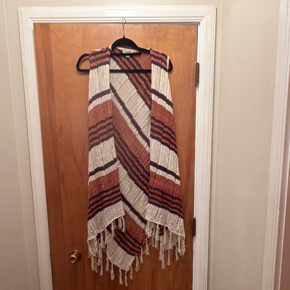 Boho Striped Kimono Duster Handkerchief Hem Fringe Women L Festival One World